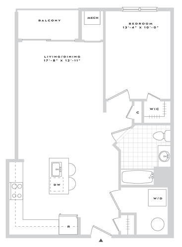 Floor plan for 1 bed, 1 bath, 801 sqft